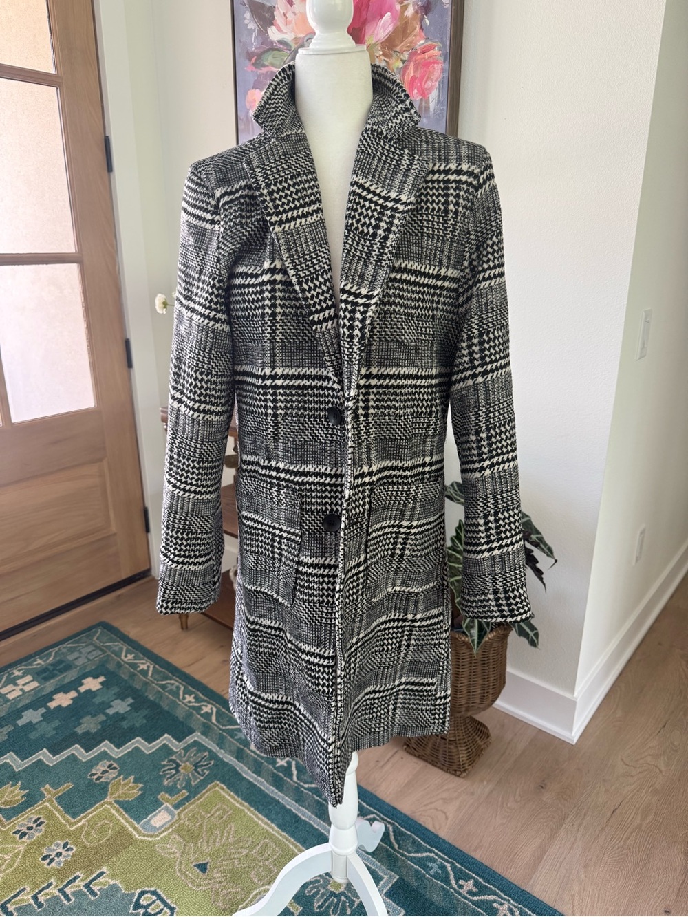 Classic Black & White Plaid Wool-Blend Coat